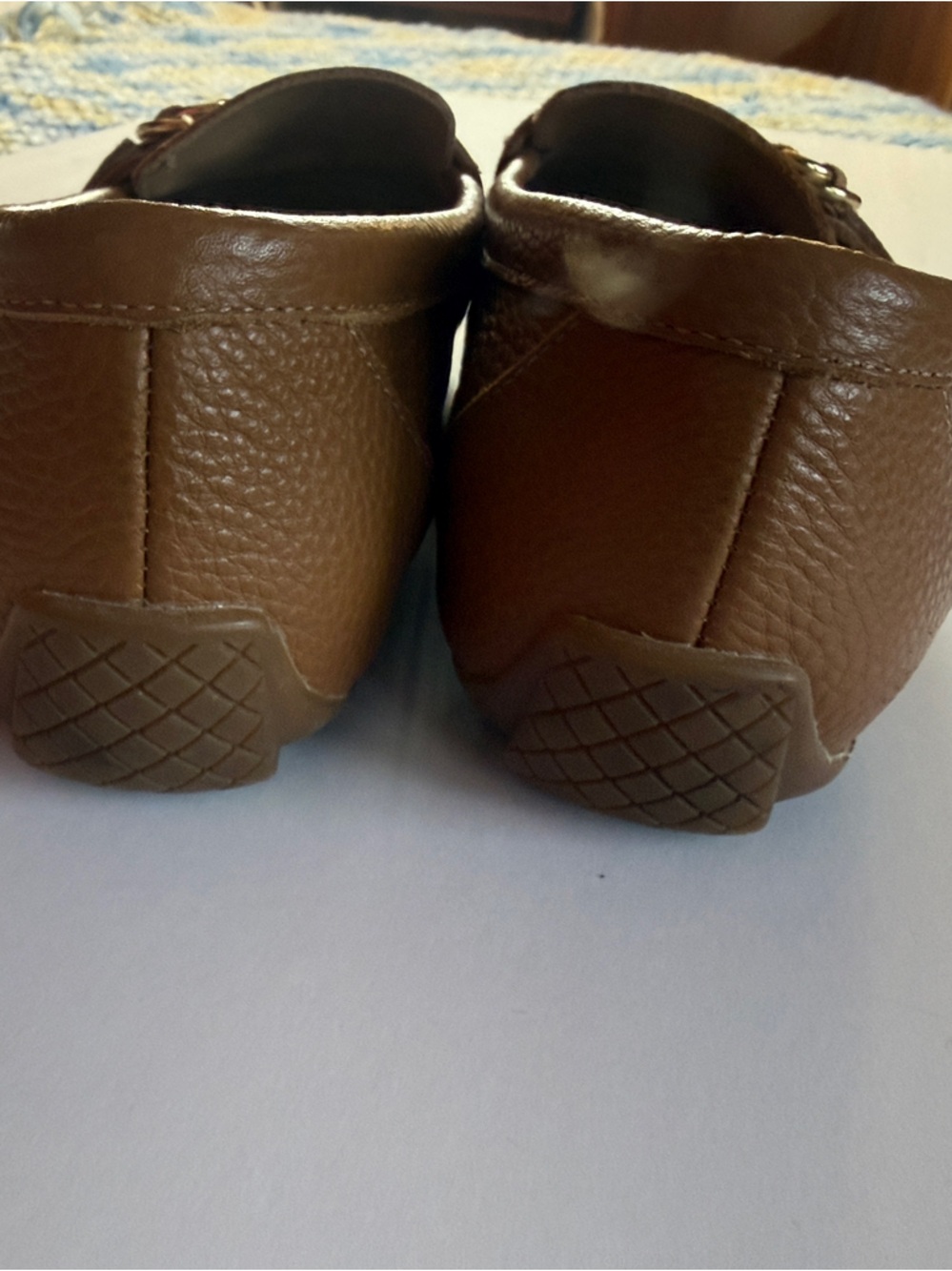 Talbots Tan Leather Loafers with Striped Ribbon and Gold Buckle - Picture 4 of 6